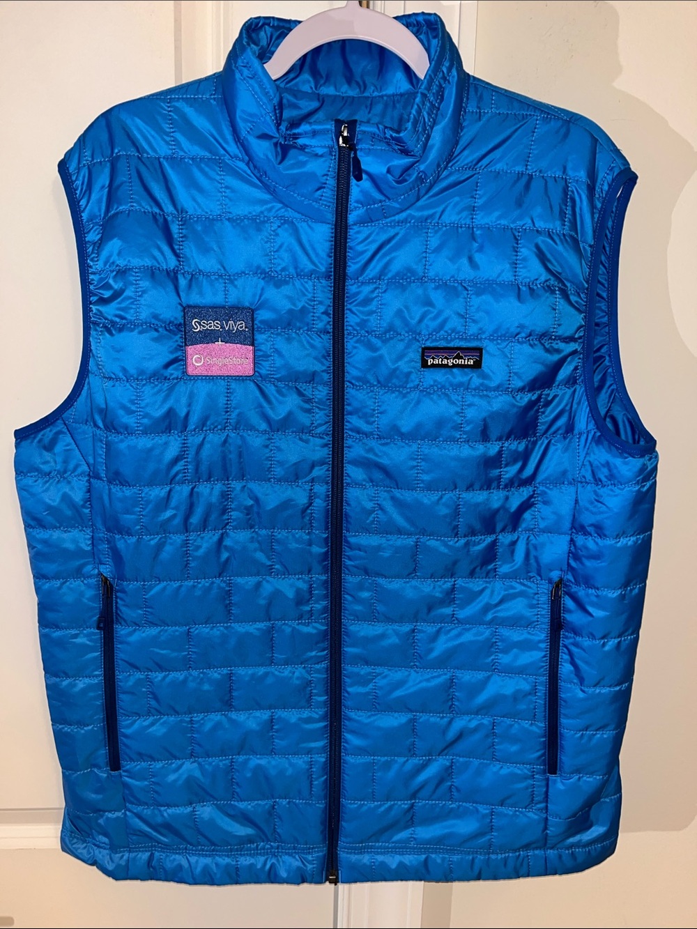 Patagonia Blue Quilted Zipper performance Computer Geek Vest jacket L Primaloft